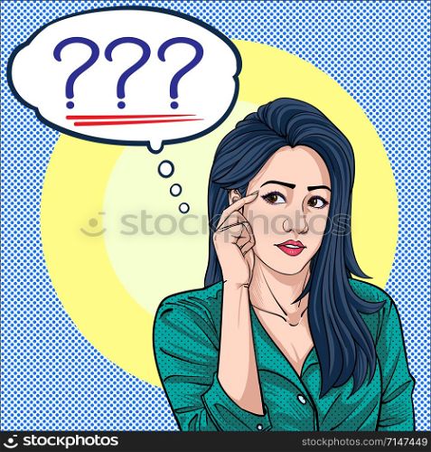 Women think about solving various problems Answer a question Illustration vector On pop art comics style Abstract dot colorful background