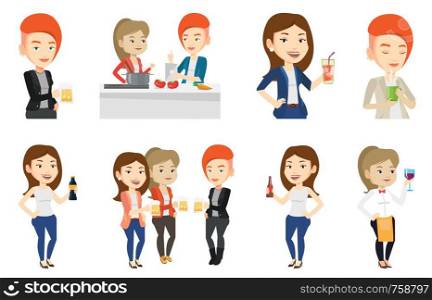 Women toasting and clinking glasses of beer. Caucasian women clanging glasses of beer. Group of friends enjoying a beer at pub. Set of vector flat design illustrations isolated on white background.. Vector set of people eating and drinking.