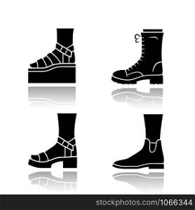 Women trendy shoes drop shadow black glyph icons set. Female elegant formal and casual footwear. Stylish winter and autumn boots. Fashionable platform heels. Isolated vector illustrations