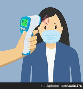 Women undergo body temperature tests. by Handheld thermometer to measure fever body temp meters. Key tool The range outbreak control of the Covid-19. Is of the new normal.