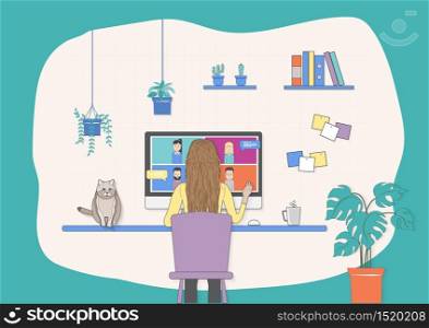 Women using computer for talk to each other on the computer screen and group video conference.Vector illustration for videoconference, remote work, technology concept.