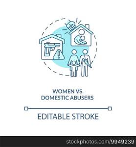 Women vs domestic abusers turquoise concept icon. Gun violence. Hate crime. Weapon control for civilian safety idea thin line illustration. Vector isolated outline RGB color drawing. Editable stroke. Women vs domestic abusers turquoise concept icon