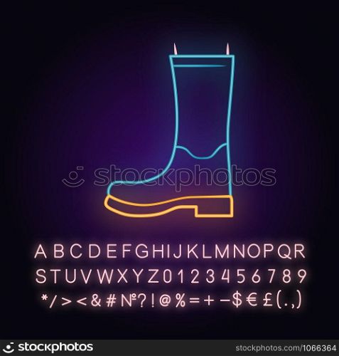 Women wellies neon light icon. Rubber boots for fall, spring rainy season. Unisex footwear design. Wellington shoes. Glowing sign with alphabet, numbers and symbols. Vector isolated illustration