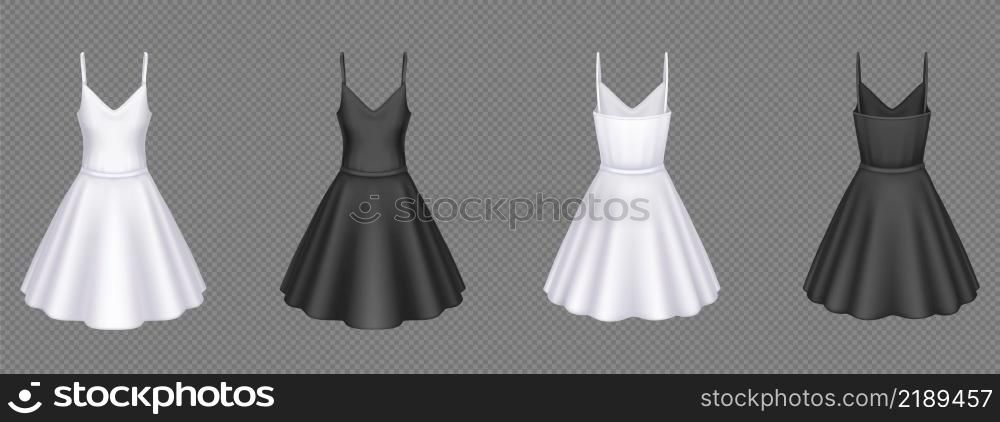 Women white and black cocktail dresses in front and back view. Vector realistic 3d mockup of blank girls evening gown with short skirts isolated on transparent background. Women white and black cocktail dresses