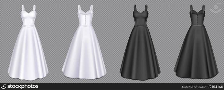Women white and black dresses with corset and maxi skirt in front and back view. Vector realistic 3d mockup of blank girls evening gown with sweetheart neckline isolated on transparent background. Women white and black dresses with corset