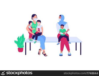 Women with children waiting in hospital flat color vector faceless characters. Line to pediatrics. Queue for clinic appointment isolated cartoon illustration for web graphic design and animation. Women with children waiting in hospital flat color vector faceless characters