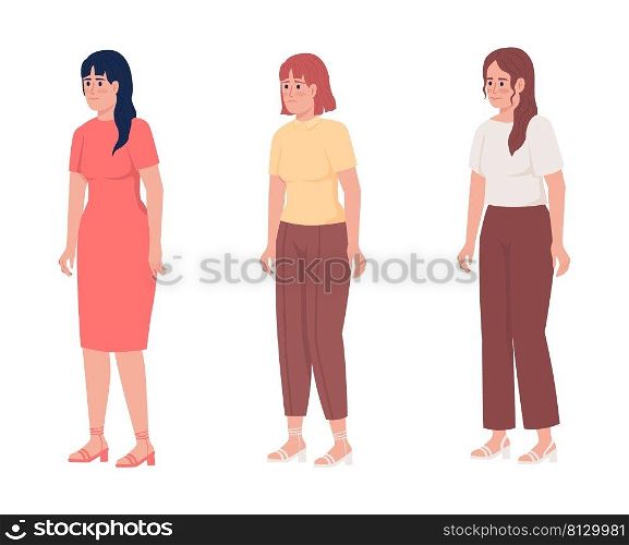 Women with different emotional states semi flat color vector characters set. Standing figures. Full body people on white. Simple cartoon style illustration for web graphic design and animation pack. Women with different emotional states semi flat color vector characters set