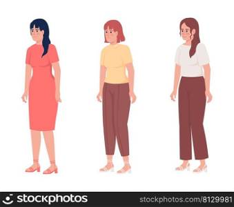 Women with different emotional states semi flat color vector characters set. Standing figures. Full body people on white. Simple cartoon style illustration for web graphic design and animation pack. Women with different emotional states semi flat color vector characters set