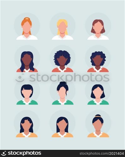 Women with different hair semi flat color vector character avatar set. Casual style. Portrait from front view. Isolated modern cartoon style illustration for graphic design and animation pack. Women with different hair semi flat color vector character avatar set