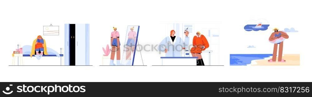 Women with different phobias, mental disorder or psychological problems. Characters fear of needle, darkness at night, sharks in sea and reflection in mirror, vector flat illustration. Women with different phobias, mental disorders