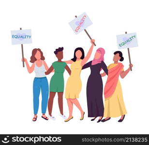 Women with equality message placards semi flat color vector characters. Active figures. Full body people on white. Feminism isolated modern cartoon style illustration for graphic design and animation. Women with equality message placards semi flat color vector characters