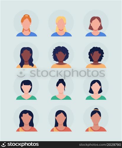 Women with hairstyles semi flat color vector character avatar set. Casual style. Portrait from front view. Isolated modern cartoon style illustration for graphic design and animation pack. Women with hairstyles semi flat color vector character avatar set