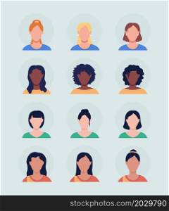 Women with hairstyles semi flat color vector character avatar set. Casual style. Portrait from front view. Isolated modern cartoon style illustration for graphic design and animation pack. Women with hairstyles semi flat color vector character avatar set