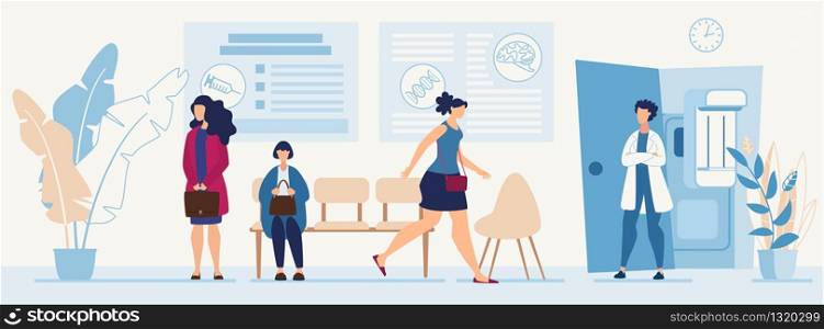 Women with Handbags in Hands in Queue Sitting on Chairs Wait Practitioner Appointment at Hospital Hall. Lady Rushing to See Doctor First. Doctor Greeting Patient. Vector Flat Cartoon Illustration. Women in Queue at Hospital Hall Flat Illustration