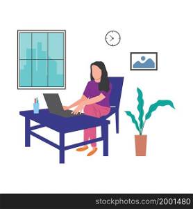Women with laptop work from home illustration flat design