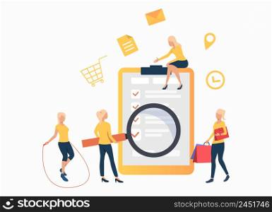 Women with loupe, skipping rope and bags standing at check list. Browser, search, application. Online service concept. Vector illustration can be used for topics like business, internet, service