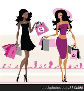 Women with shopping bags. Vector illustration