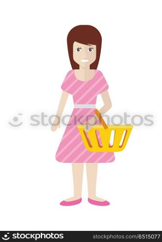 Women with Trolley Basket at Supermarket. Women with trolley basket at supermarket. Girl with cart purchases design. Lady consumer with empty cart starts her shopping. Buyer with empty plastic basket. Shopper purchase. Vector illustration