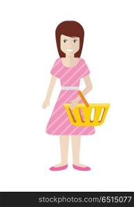 Women with Trolley Basket at Supermarket. Women with trolley basket at supermarket. Girl with cart purchases design. Lady consumer with empty cart starts her shopping. Buyer with empty plastic basket. Shopper purchase. Vector illustration