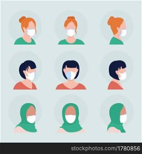 Women with white masks semi flat color vector character avatar set. Portrait with respirator from front and side view. Isolated modern cartoon style illustration for graphic design and animation pack. Women with white masks semi flat color vector character avatar set