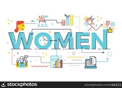 Women word in business concept,lettering design illustration with line icons and ornaments in blue theme
