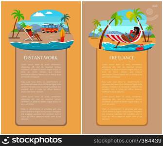 Women work as freelancers distant job promo vertical banners. Office workers in swimwear on beach with laptops vector illustrations sample text.. Women Work as Freelancers on Distant Job Promo