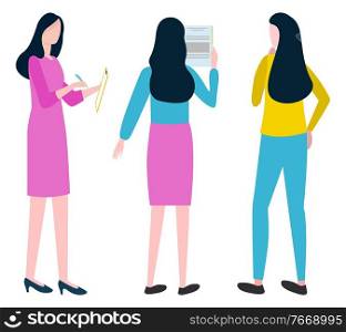 Women workers brainstorming, business idea. Employee standing and discussing plan, female character writing, notation and solution, businesswoman vector. Businesswomen creative Plan, Team Strategy Vector