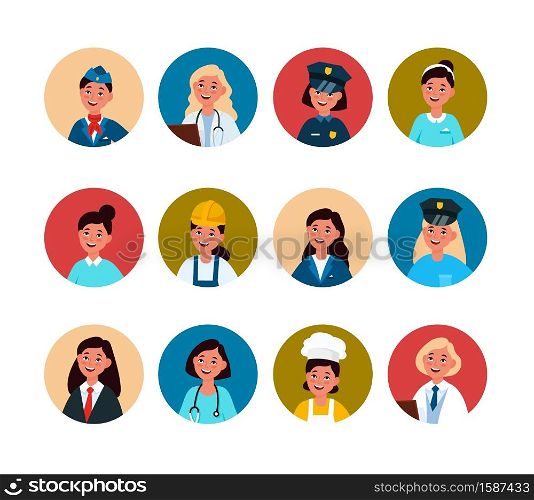 Women workers. Professional female avatar in uniform. Doctor, stewardess and chef, police and business woman, waiter, builder and teacher user profile circle portraits vector isolated colorful set. Women workers. Professional female avatar in uniform. Doctor, stewardess and chef, police and business woman, builder and teacher user profile circle portraits vector isolated set