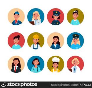 Women workers. Professional female avatar in uniform. Doctor, stewardess and chef, police and business woman, waiter, builder and teacher user profile circle portraits vector isolated colorful set. Women workers. Professional female avatar in uniform. Doctor, stewardess and chef, police and business woman, builder and teacher user profile circle portraits vector isolated set