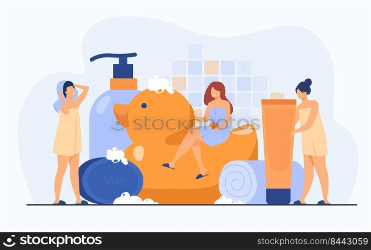 Women wrapped in towels using sponge and soap among bath accessories, tubes and shampoo bottles. Vector illustration for bathroom, spa, routine, hygiene concept