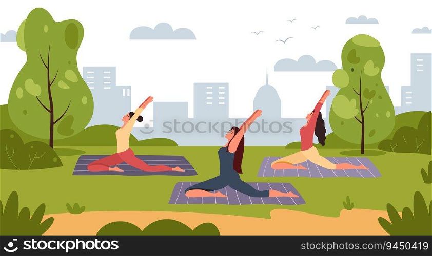 Women yoga group in park. Female characters in sportswear exercising together. Active and healthy lifestyle. Physical activities on fresh air. People having workout outside vector illustration. Women yoga group in park. Female characters in sportswear exercising together. Active and healthy lifestyle