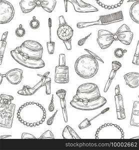 Womens accessories seamless pattern. Handbag, hat and watch, bow and lipstick, perfume and shoes, comb vector fashion texture. Illustration woman accessory drawing, glamour and beauty. Womens accessories seamless pattern. Handbag, hat and watch, bow and lipstick, perfume and shoes, comb vector fashion texture