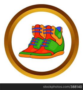 Womens autumn sneakers vector icon in golden circle, cartoon style isolated on white background. Womens autumn sneakers vector icon