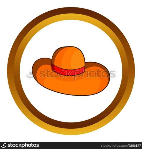Womens beach hat vector icon in golden circle, cartoon style isolated on white background. Womens beach hat vector icon