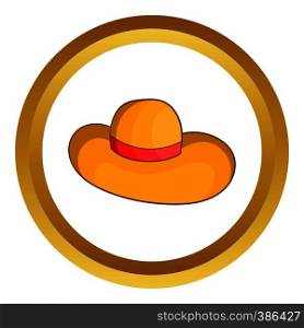 Womens beach hat vector icon in golden circle, cartoon style isolated on white background. Womens beach hat vector icon