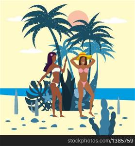 Womens characters with smartphone in bikini and hat on background of exotic plants of palm sea. Womens characters with smartphone in bikini and hat on background of exotic plants of palm sea, ocean, beach. Trend modern flat cartoon, vector, isolated, poster