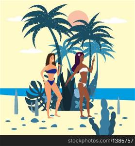 Womens characters with smartphone in bikini on background of exotic plants of palm sea. Womens characters with smartphone in bikini on background of exotic plants of palm sea, ocean, beach. Trend modern flat cartoon, vector, isolated, poster