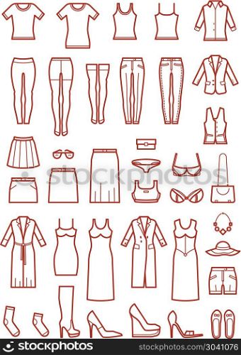 Womens clothing, female fashion line vector icons set. Womens clothing, female fashion line vector icons set. Shirt and shoes, skirt and lingerie illustration