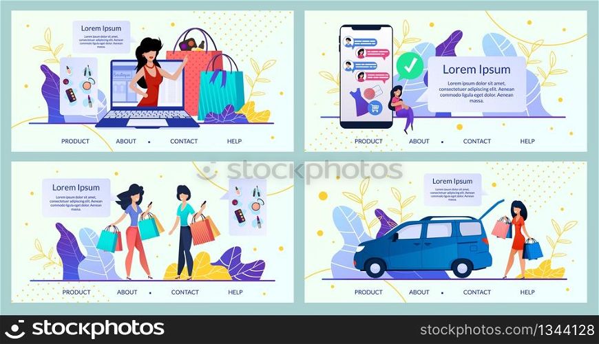 Womens Clothing Online Shop, Cosmetics Internet Store Flat Vector Web Banners, Landing Pages Templates Set with Happy Female Customers, Clients Buying Goods, Purchasing Products in Web Illustration
