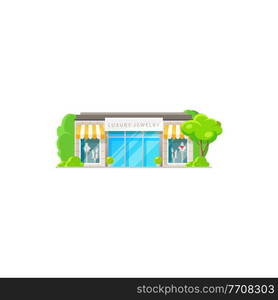 Womens clothing store isolated shop exterior flat cartoon design. Vector bright colorful facade, fashion showroom or luxury mini store to buy dresses. Boutique or mall building storefront with trees. Luxury jewelry showroom isolated facade exterior