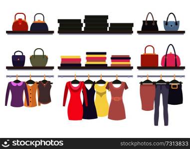Womens clothing store shop window with clothes hanging on hangers on racks, bags and packages vector illustration of dress, blouses and t-shirts. Womens Clothing Store Shop Window Clothes Hanging
