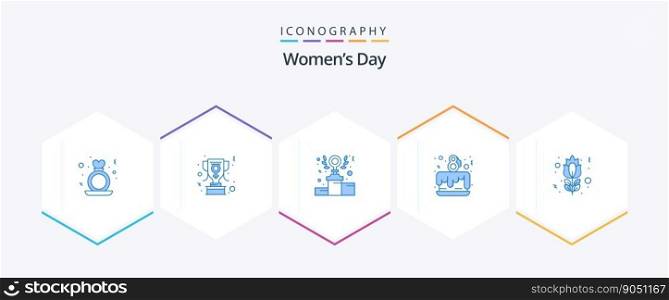 Womens Day 25 Blue icon pack including blossom. love. women sign. day. podium