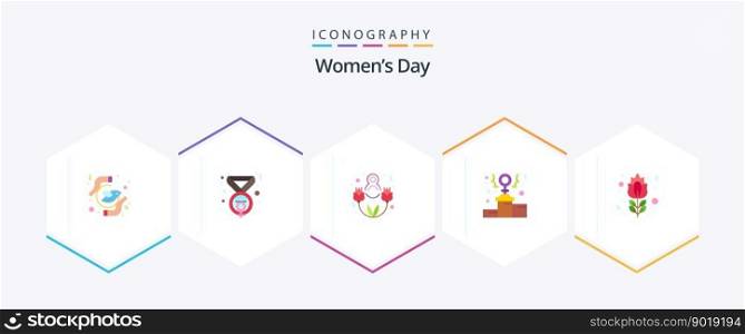 Womens Day 25 Flat icon pack including flower. podium. feminism. power. power