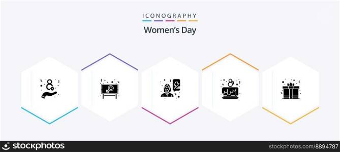 Womens Day 25 Glyph icon pack including gift box. celebrate. feminism. love. cake party