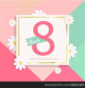 Womens day bright geometric background with beautiful flower. Vector illustration template and card, banners and wallpaper, flyers, invitation, posters, brochure, vector.