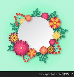 Womens day greeting card. Paper flowers origami bouquet composition with empty round space for texting. 8th march vector beautiful cutout background. Womens day greeting card. Paper flowers origami bouquet composition with empty round space for texting. 8th march vector background