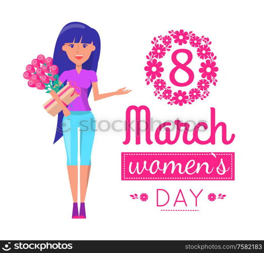 Womens day on 8 of March greeting card with girl and lettering. Vector isolated lady with bouquet of flowers, wrapped gift box, congratulations in wreath. Womens Day on 8 of March Greeting Card with Girl