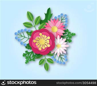 Womens day. Paper flowers and leaves origami cut composition bouquet, greeting colorful invitation card. Sale advertising vector background