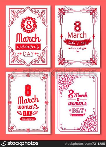 Womens Day postcard with big sign and swirly frame. 8 March card in bright pink color with italic font and vintage framework vector illustrations set.. Womens Day Postcard with Big Sign and Swirly Frame