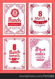 Womens Day postcard with big sign and swirly frame. 8 March card in bright pink color with italic font and vintage framework vector illustrations set.. Womens Day Postcard with Big Sign and Swirly Frame